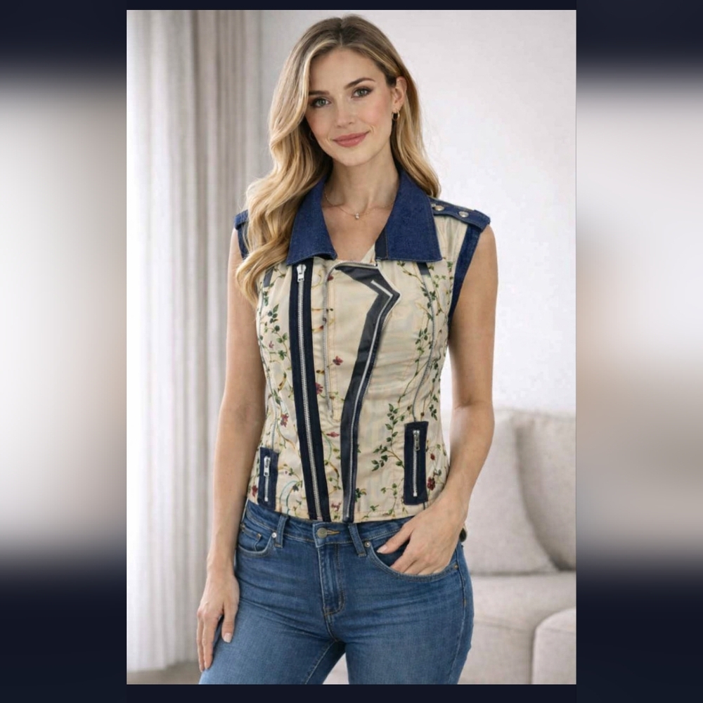 Paris Hues Sheer Embroidery Floral Sleeveless Denim Vest Size L Dark Blue Trim